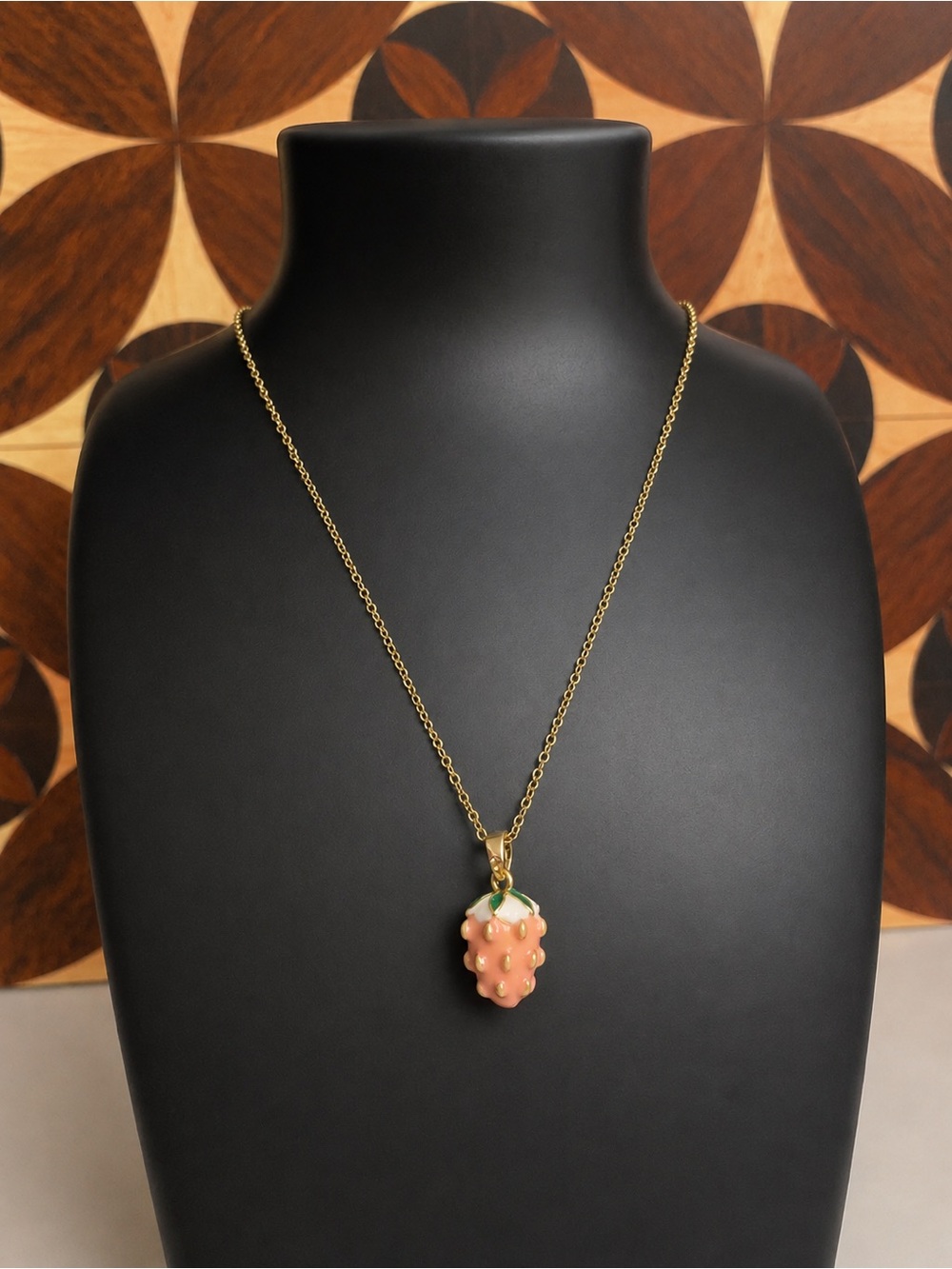 Stainless SteelGold-Tone Necklace with Pink Strawberry Pendant ( NEW)